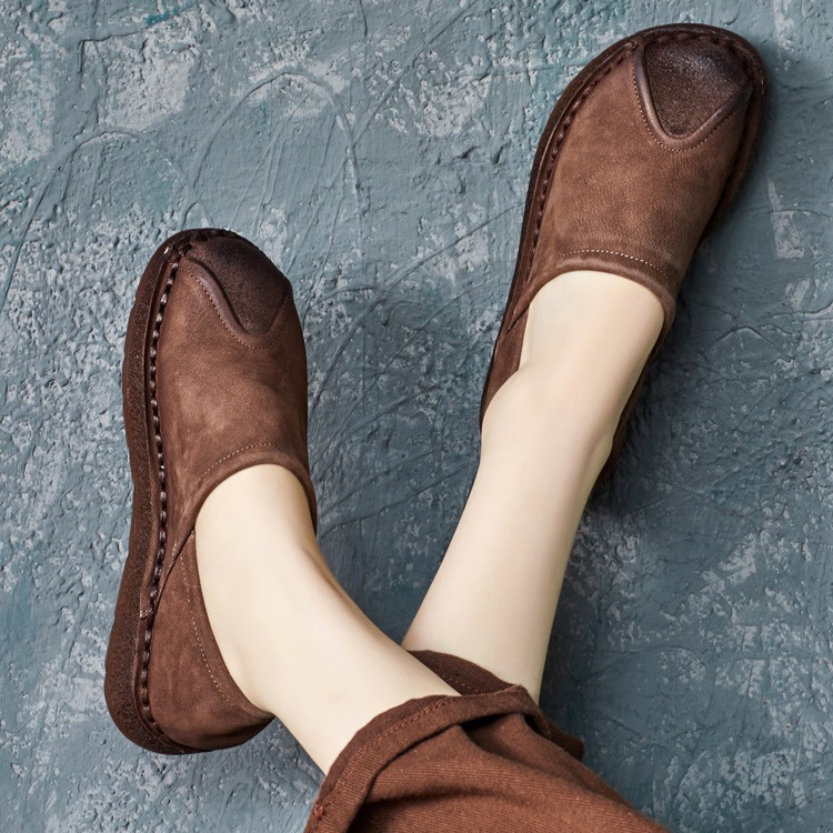 2024秋季新款民族风复古牛皮平底软底手工拼接单鞋套脚软底女鞋