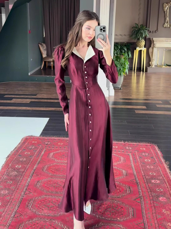 欧美亚马逊跨境外贸2025年新款女装气质翻领单排扣长袖高腰连衣裙|undefined