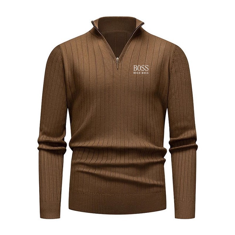 Embordado Amazon otoño y invierno hombre camiseta de punto medio cremallera de cuello europeo y americano de moda de color sólido suéter a rayas verticales