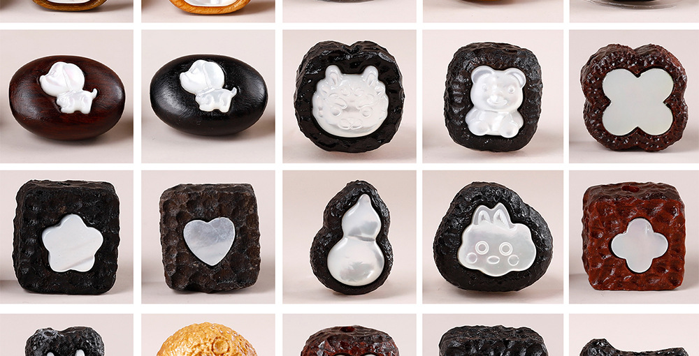 Ebony wood inlaid with cartoon white mother-of-pearl accessories for DIY personalized jewelry, Buddhist beads, bracelets, necklaces, pendants, and spacer beads
