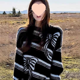 2025秋季新款针织衫奶fufu软糯慵懒风上衣感气质黑白撞色毛衣