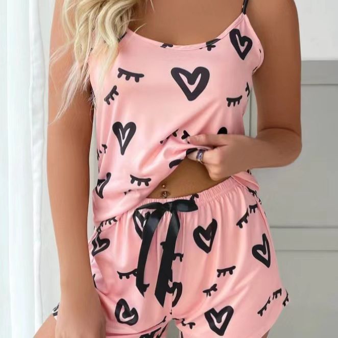 Cross-border Explosions Pajamas Casual suit Sling Home Clothes Foreign Trade Sexy Printing European and American Cute Ladies Fashion Heart