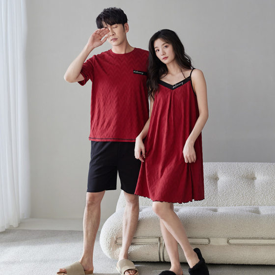Summer Pure Cotton Bracket Couple Pajamas Short-sleeved Men's and Women's Newlyweds Red Slip Skirt Home Clothes for the Year of Life