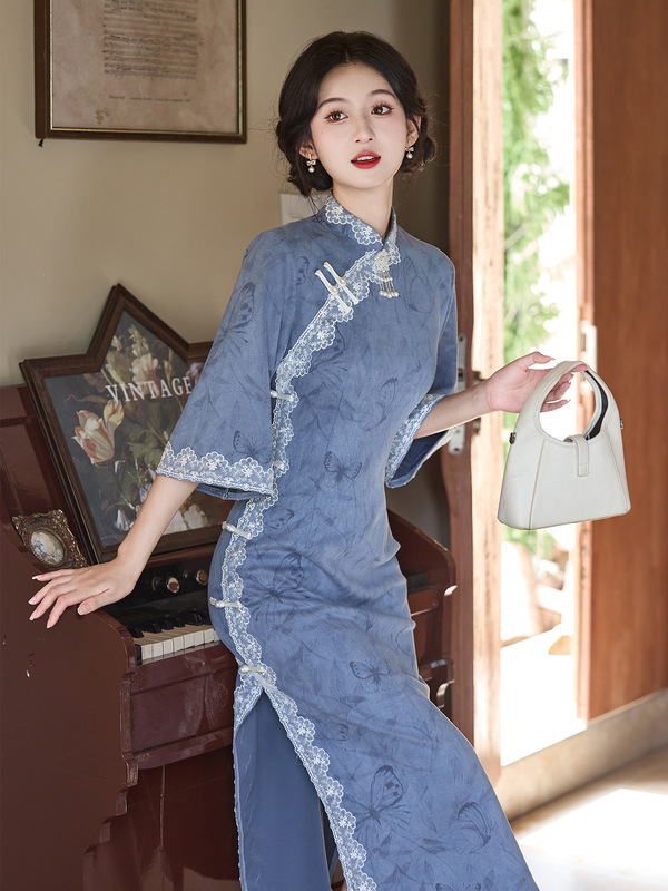 蓝色旗袍2025新款秋季麂皮绒复古倒大袖改良年轻款女新中式连衣裙|undefined