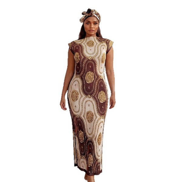 elastic summer dress with a round collar sleevless