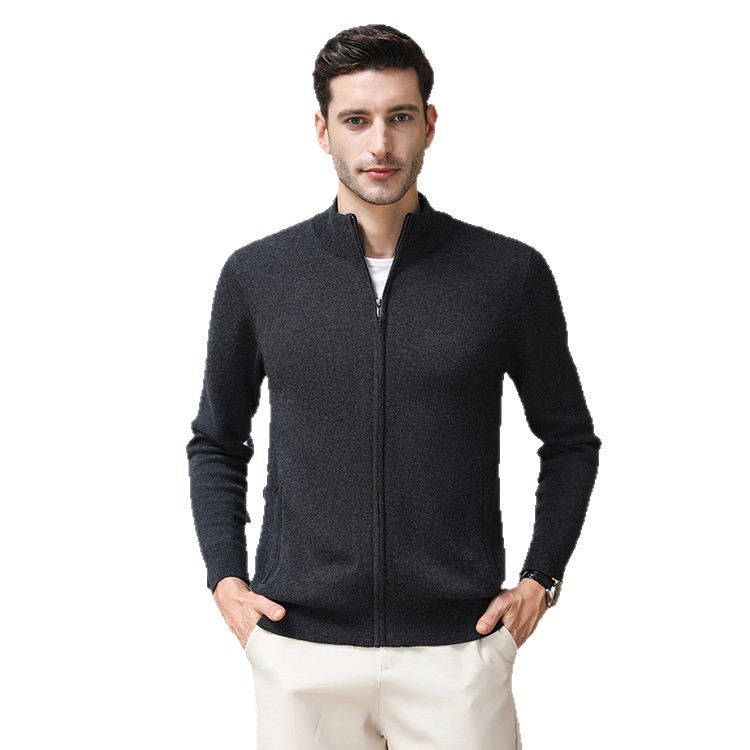 Suéter de lana de hombre cardigan de punto otoño invierno grueso chaqueta de lana pura de mediana edad papá cremallera cuello vertical suéter