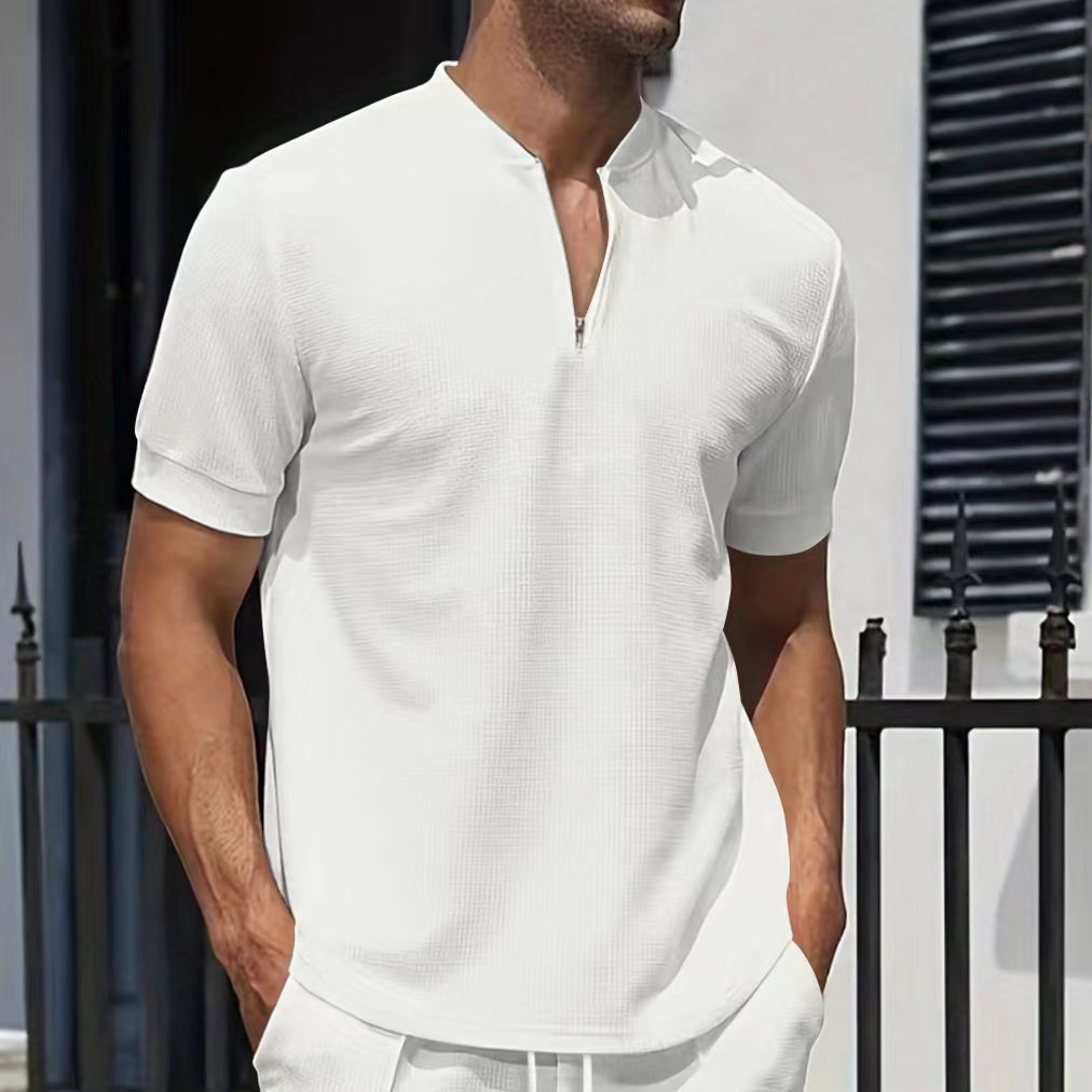 Men's Summer Shirt New Waffle Belt Stand Collar Solid Color Short Sleeve T-Shirt Fashion For Adults_viptrois.com