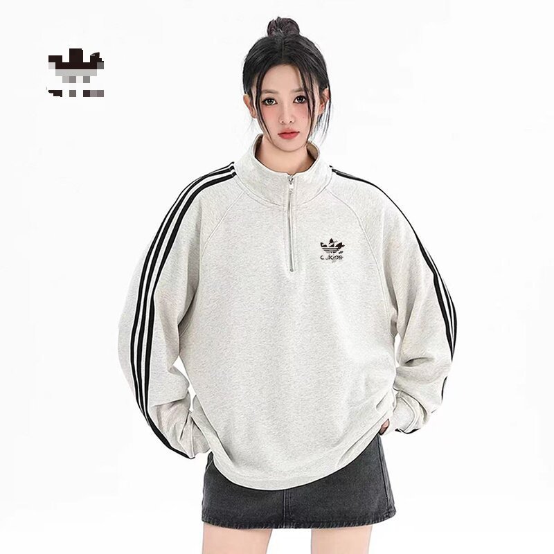 三叶草纯棉刺绣长袖卫衣男女情侣款三条杠休闲宽松圆领套头上衣潮|undefined