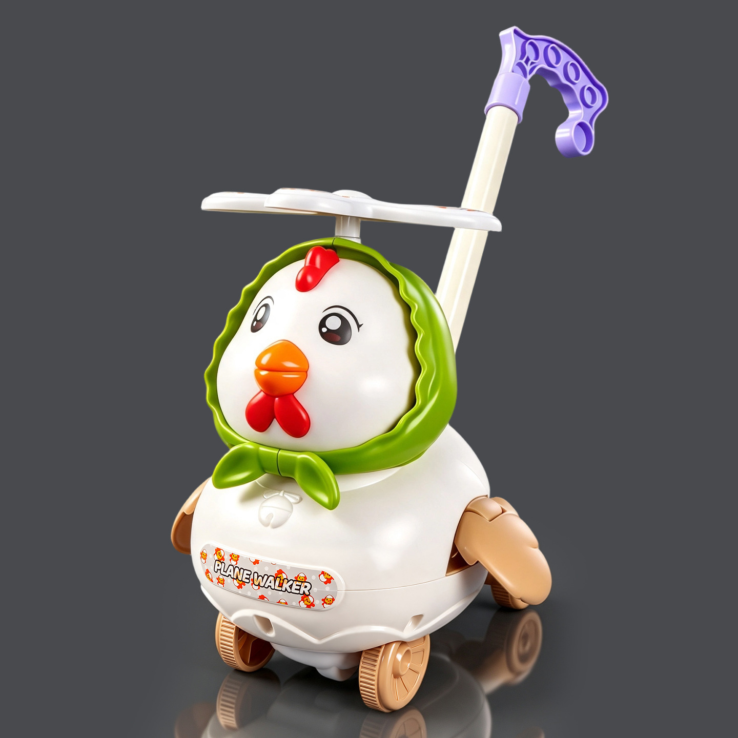 Toddler walking stroller with cartoon yellow duck, rattling bell, rotating fan blades, and push-toy for boys and girls.
