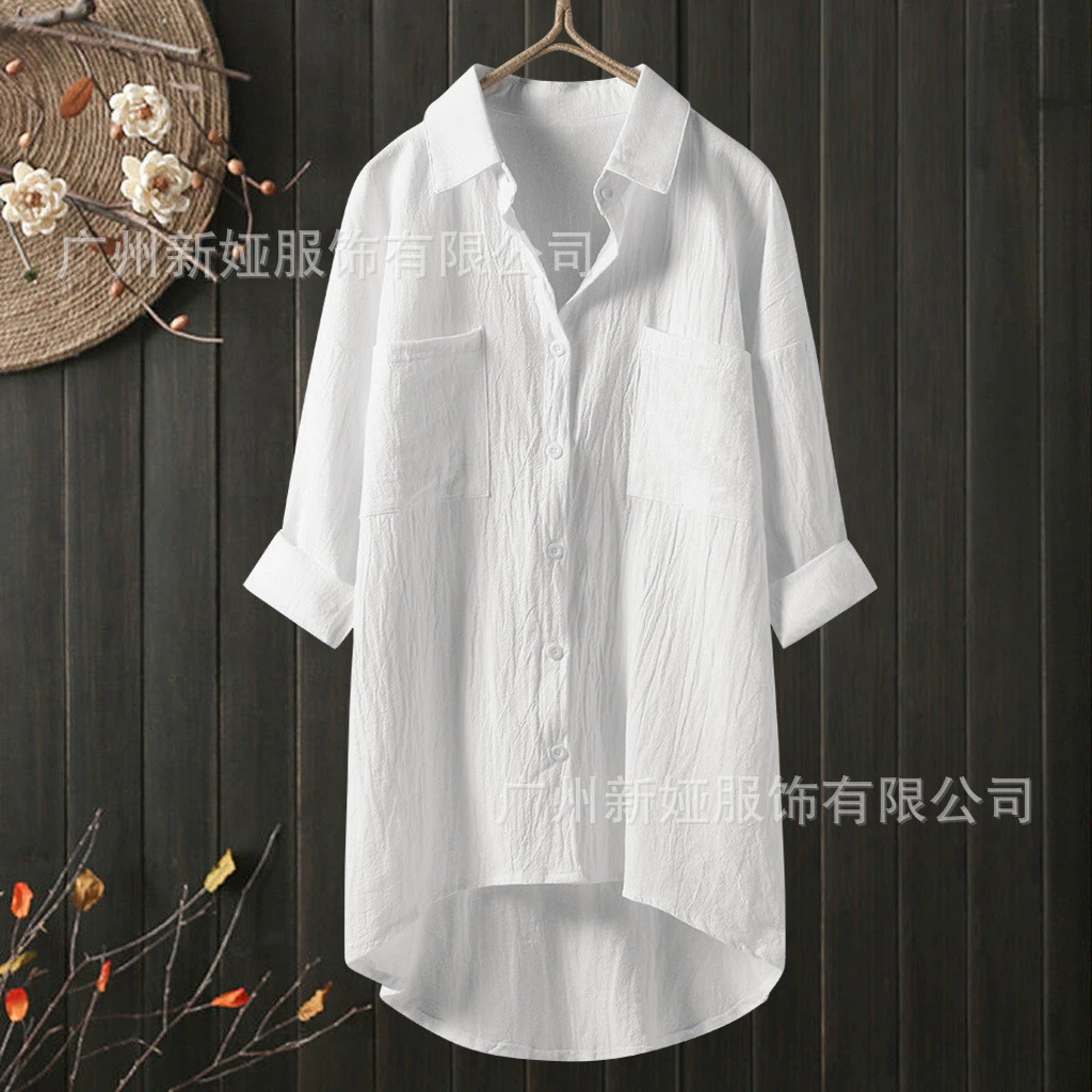 Осень Женская 2022 Новая Элегантная однотонная хлопковая льняная рубашка в Корейском стиле, свободная Осенняя верхняя рубашка женская