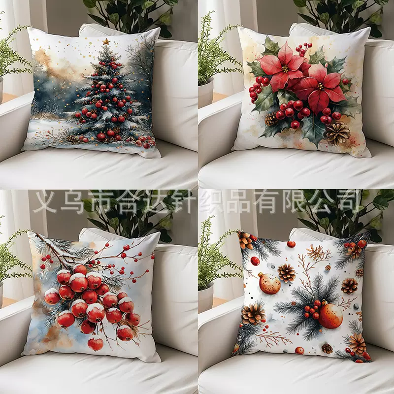 跨境热卖圣诞节松树毛绒靠背亚麻抱枕套卧室沙发休息桃皮绒靠垫套