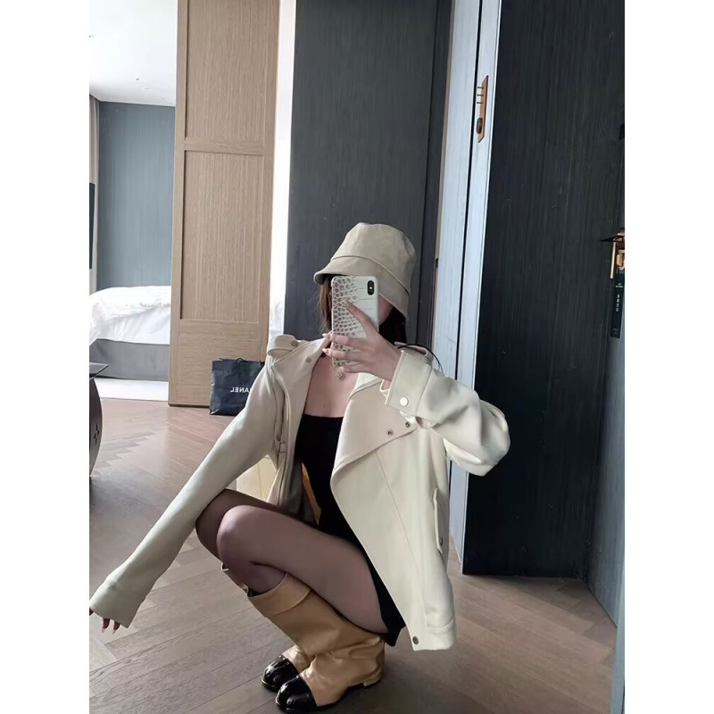 小姐姐白巧恋人仿麂皮外套女春秋米白色设计感机车风宽松夹克|undefined