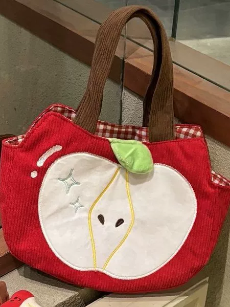 Cute Apple Souvenir Handbag Corduroy Embroidered Exquisite Souvenir Storage Bag Commuting Shoulder Bag