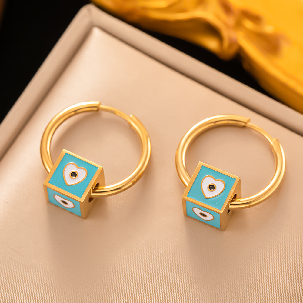 304 Stainless Steel Ear Needle Material 18K Gold Plated Plating Material 1 Pair Artistic Square Heart Shape Eye Enamel Plating 304 Stainless Steel 18K Gold Plated Hoop Earrings
