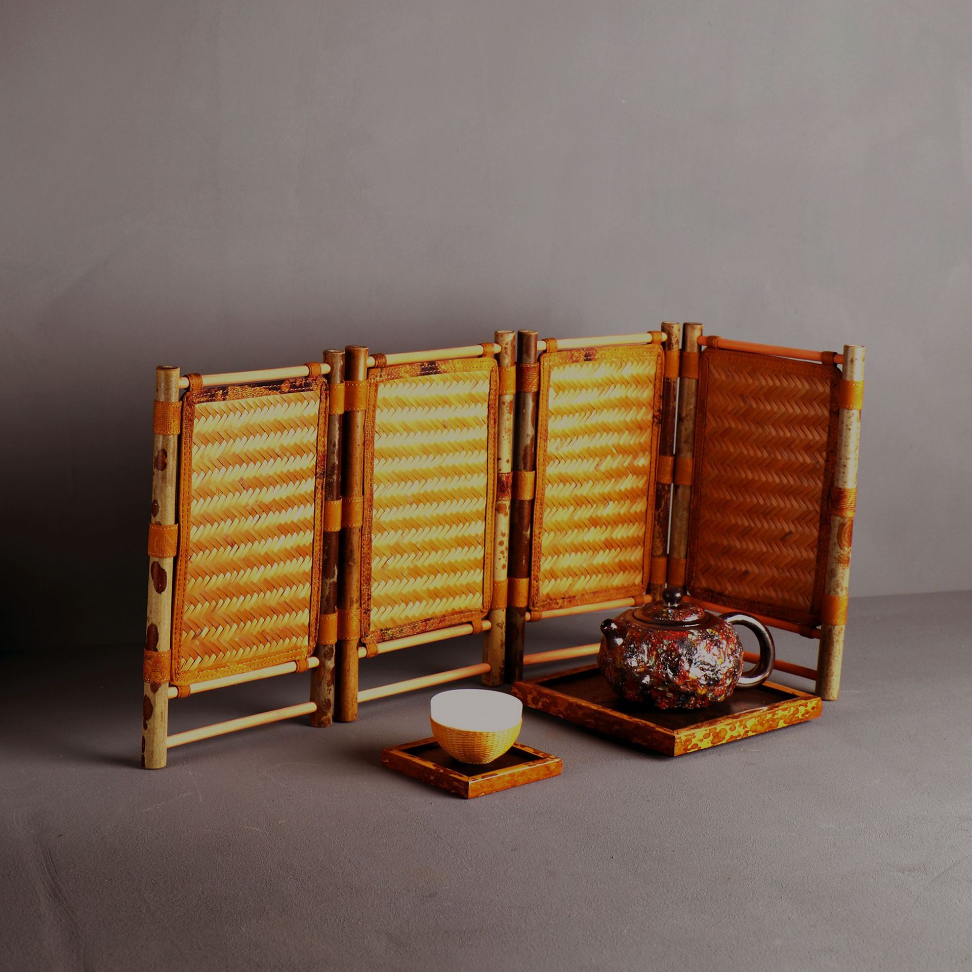 大漆中式梅鹿屏风 大号栅栏凉炉围栏竹结界竹制茶道装饰布景摆件