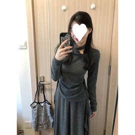 法式灰色连衣裙子套装女高级感针织衫上衣半身长裙子两件套春秋季