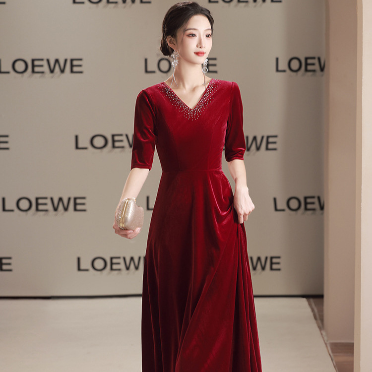 wine red Chorus Costume Women's Long Dress Adult Host Red Song Recitation Art Test Solo Evening Dress Velvet
