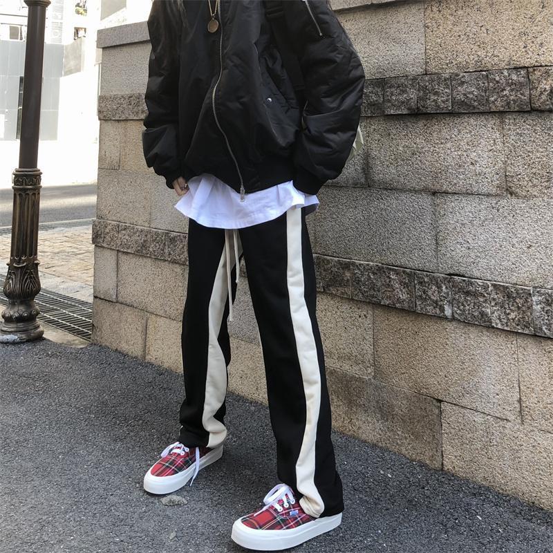 White bar striped original straight-leg loose high street couple trousers design sense color-blocked sweatpants men's and women's slacks_voghion.com
