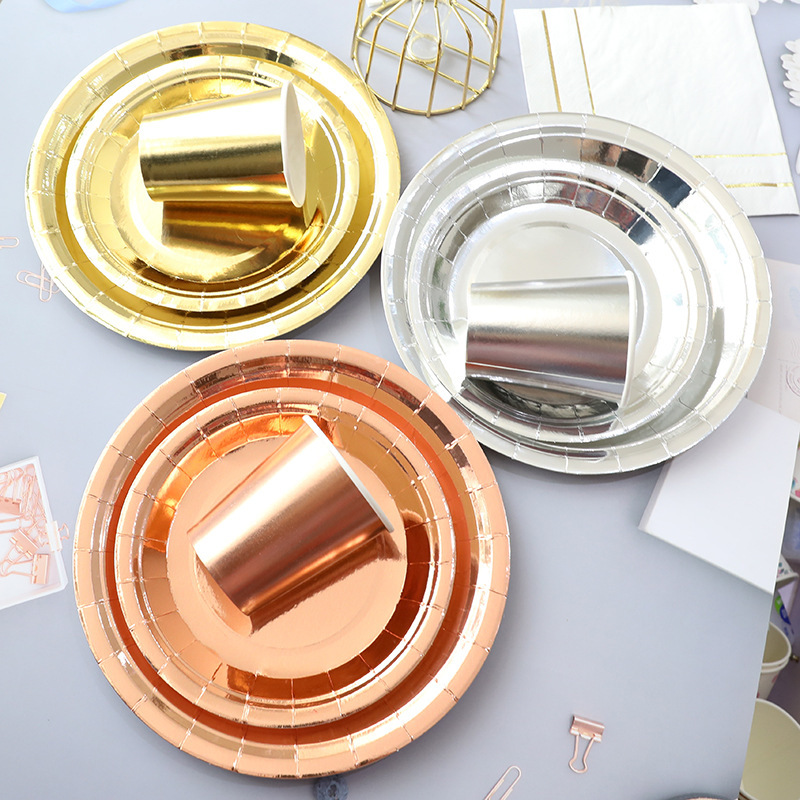 Cross-Border Plate Hot Stamping Gold Disposable Tableware Paper Plate Paper Cup Set Rose Gold Holiday Birthday Party Supplies