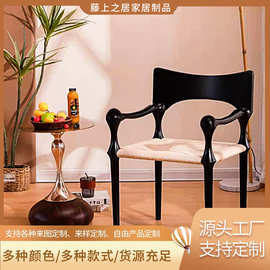 实木藤编餐椅休闲椅子中古民宿家用靠背实木藤椅室内麻绳藤编椅子