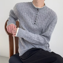 亨利领假两件套头毛衣男士新款潮流宽松休闲慵懒风麻花针织衫上衣