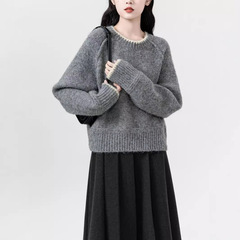 短款灰色毛衣女秋冬2025新款慵懒风加厚圆领内搭针织衫小个子上衣