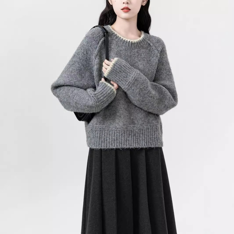 短款灰色毛衣女秋冬2025新款慵懒风加厚圆领内搭针织衫小个子上衣|undefined