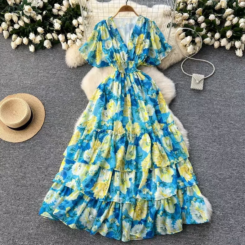 Floral Maxi Dress – High Waist Chiffon A-Line Dress With Ruffled Sleeves (One Size, V-Neck, Elegant Occasion Wear)_ecoleips.com