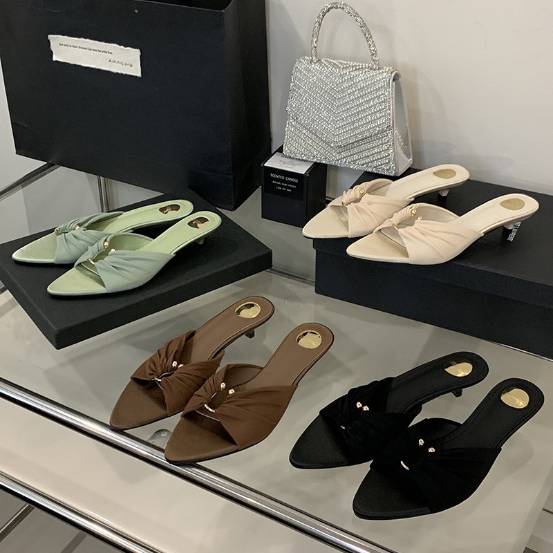 Summer Satin Metal Buckle Slippers for Women with Pointed Toe and Thin Heels, Elegant and High-End Style