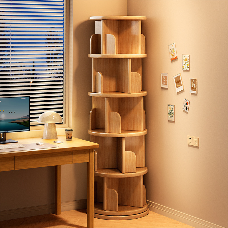 A Solid Wood Rotating Bookshelf Floor-Standing Space-Saving Picture Book Storage Rack Simple Small Bookcase Living Room Storage Rack