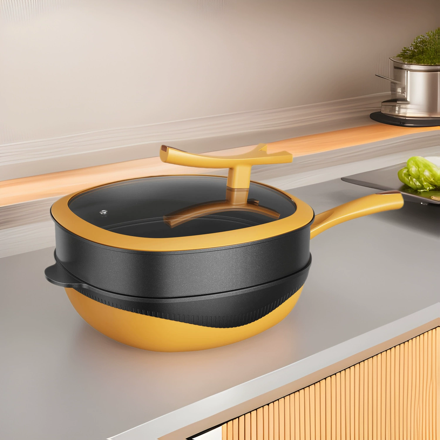 Многофункциональная квадратная сковорода-вок Mibaile из литого титана с антипригарным покрытием, 32 см, с пароваркой, универсальная, для индукционных плит, для домашнего использования