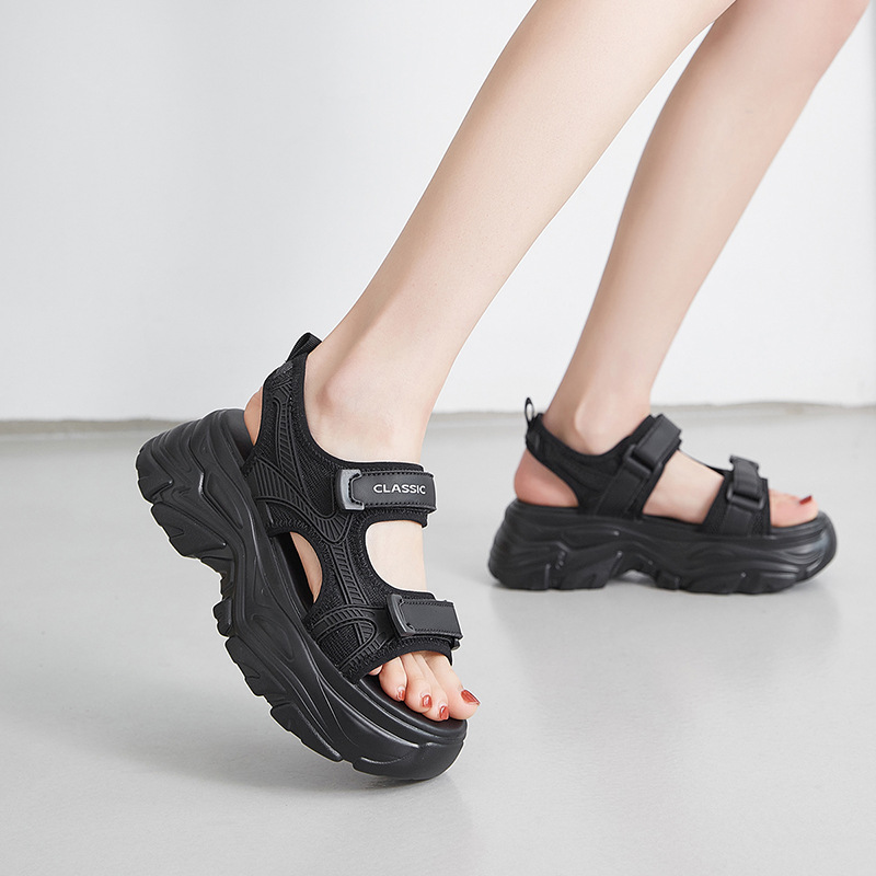 Dép sandal thể thao nữ đế dày quai chữ V dán — G750 màu đen