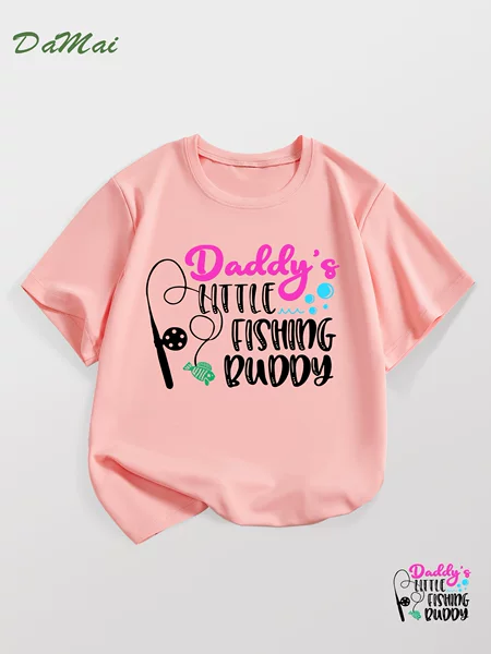 School Shopeeuropean and American Style Father's Day Girls' Short-Sleeved T-Shirt Simple Letter Print Summer Casual Round Neck Children's Clothing