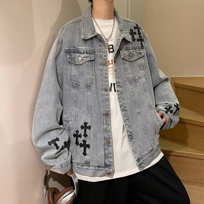 Autumn Vintage Denim Jacket Men's American Style High Street Trendy Loose Jacket Design Sense Niche Cross Top