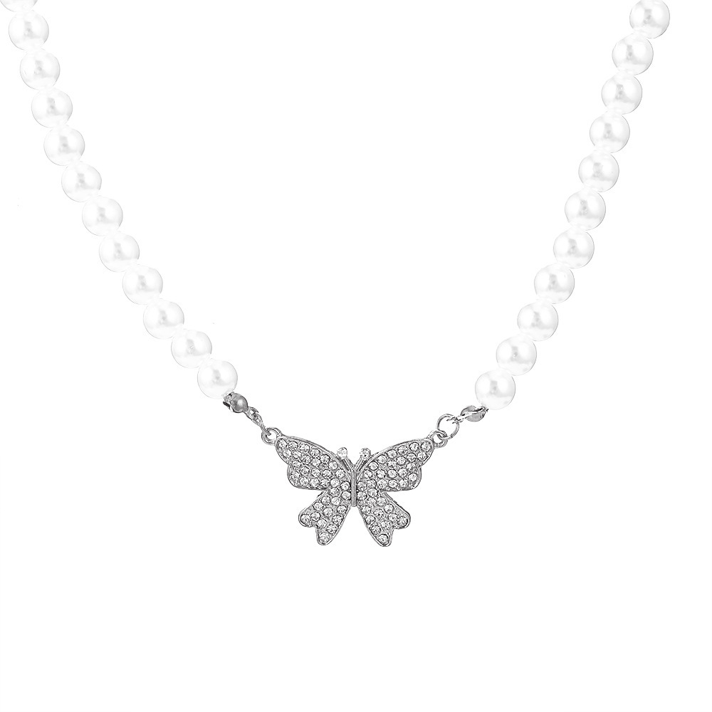 Temperament, sweetness, diamond studded butterfly pearl necklace, niche design, minimalist and trendy personality,_voghion.com