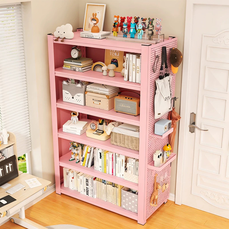 Household steel bookshelf, multi-tiered floor-standing storage rack, perforated panel design, children's floor-standing storage rack, simple study room shelf