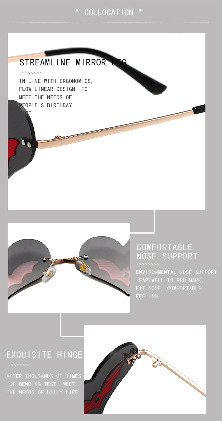 36g Weight Frameless Glasses Structure Sunglasses Classification PC, UV400 Protection Lens Material Special-Shaped Mirror Glasses Style Daily, Street Occasion Halloween Festival Heart Shape, Bat Pattern Unisex Gender Streetwear Style Black Color Streetwear Heart Shape Bat PC UV400 Protection Special-Shaped Mirror Frameless Women's Sunglasses 14