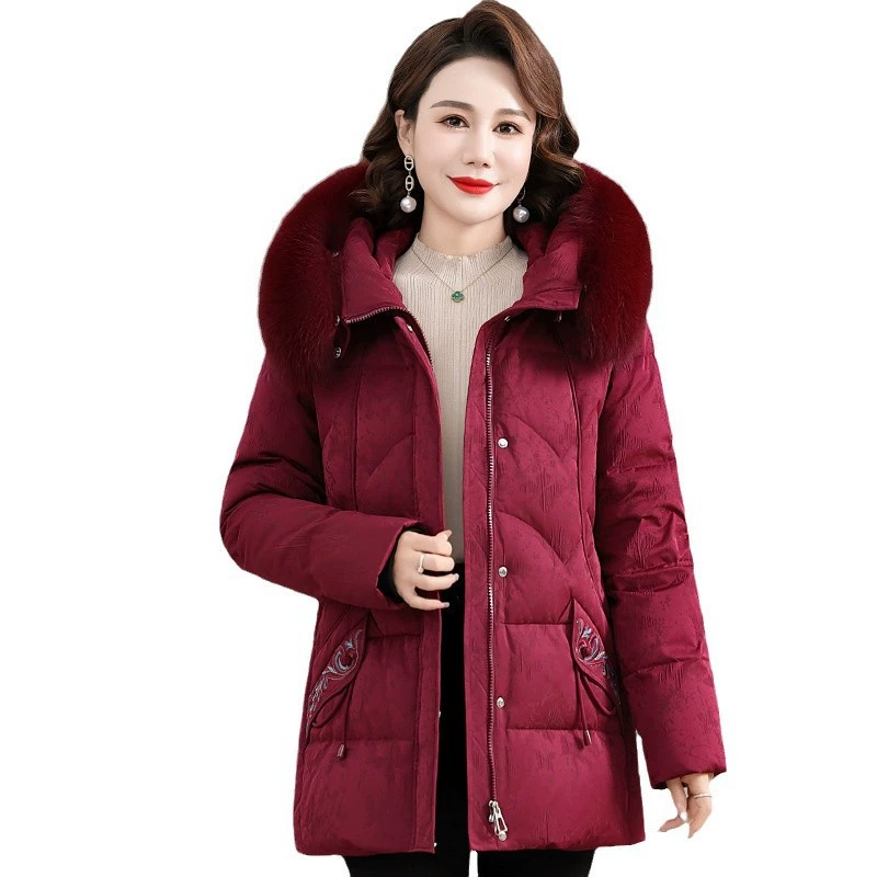Velvet mid-length down jacket for mother, duck down filling, western style, warm