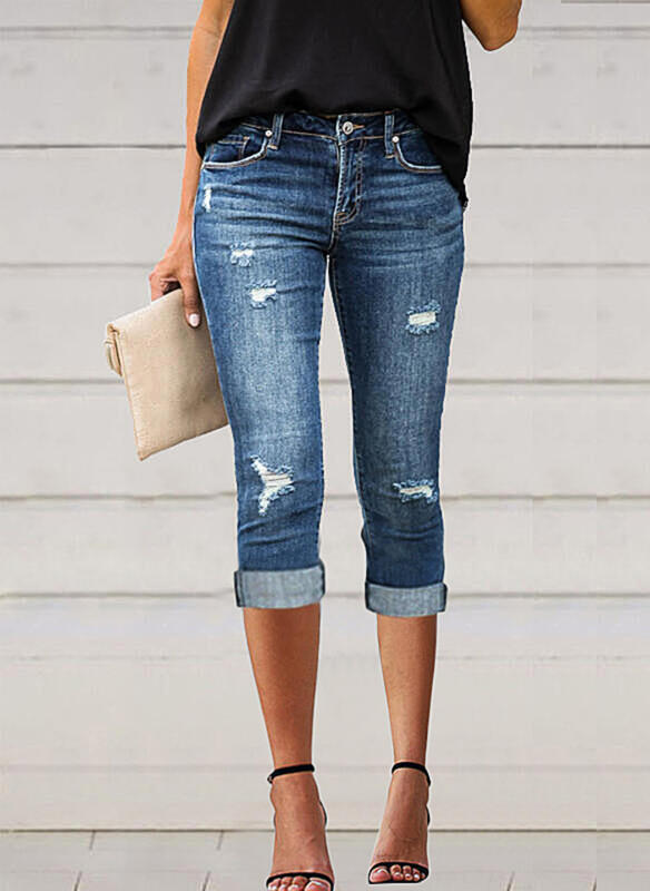 European and American cross-border foreign trade slim-fit ripped stretch Amazon independent station cropped jeans for women