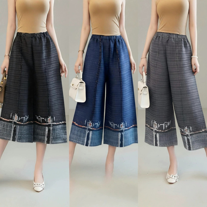 Miyake-Style Faux Denim Printed Textured Pleated Wide-Leg Cropped Pants, Loose Fit, Hip-Covering, Drapey Casual Pants for Summer Commuting Miyake-Style Faux Denim Printed Textured Pleated Wide-Leg Cropped Pants, Loose Fit, Hip-Covering, Drapey Casual Pants for Summer Commuting