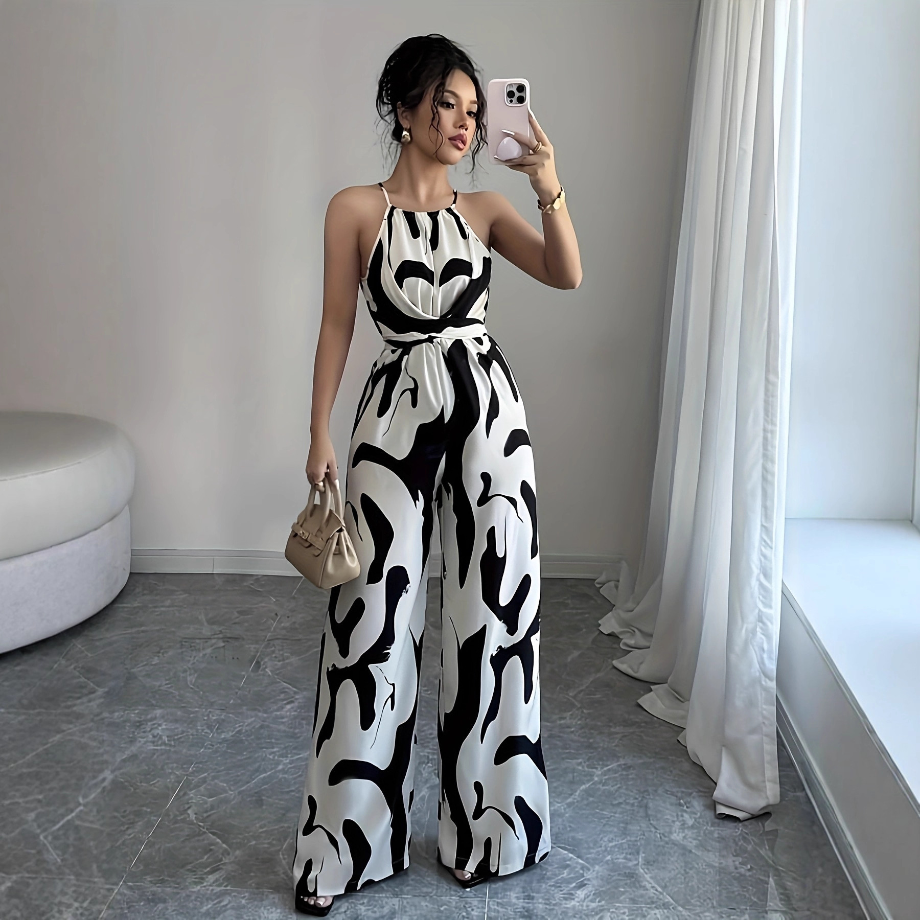 2025 Women's Clothing Wholesale Waist Slimming Loose Black and White Milk Pattern Printed Halterneck Wide Leg Pants Women's Jumpsuit