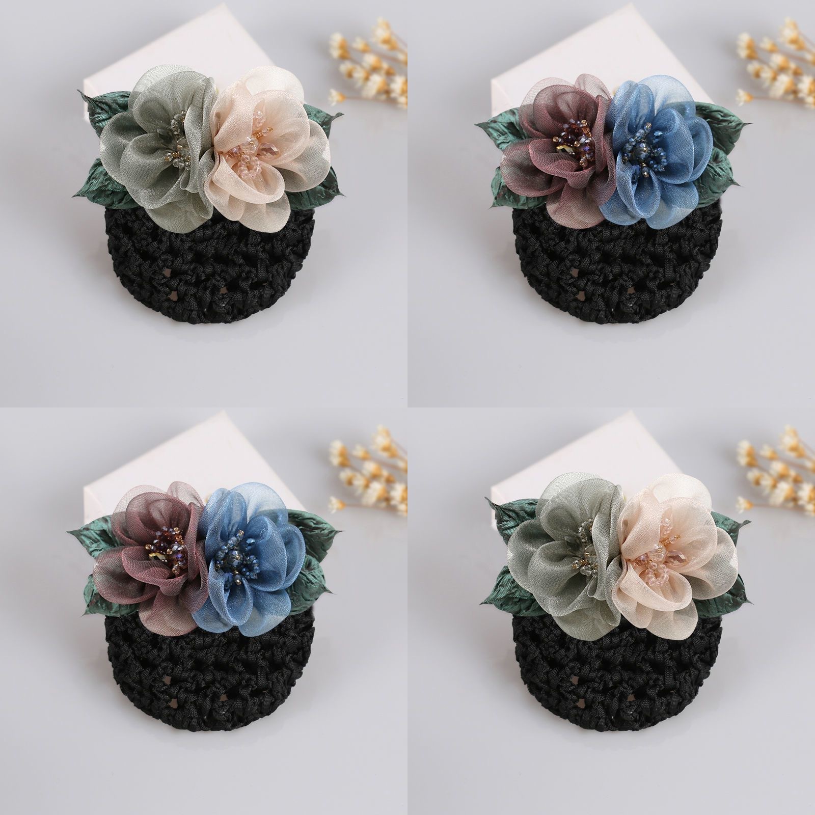 Korean-style floral hairnet for banks and hotels, professional hair accessory for flight attendants and nurses, hairnet for women, hair clip for the back of the head, hair accessory