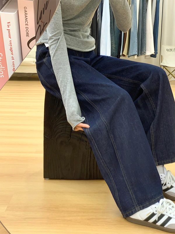 深蓝色阔腿牛仔裤女夏季新款胖妹妹mm高腰宽松显瘦梨形身材直筒裤|undefined