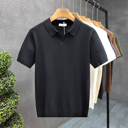 POLO Shirt V-Neck Short Sleeve Knit Shirt Men's Collar Seagull Collar Striped Business T-Shirt Trendy Plus Size Foreign Trade Cross-Border Wholesale