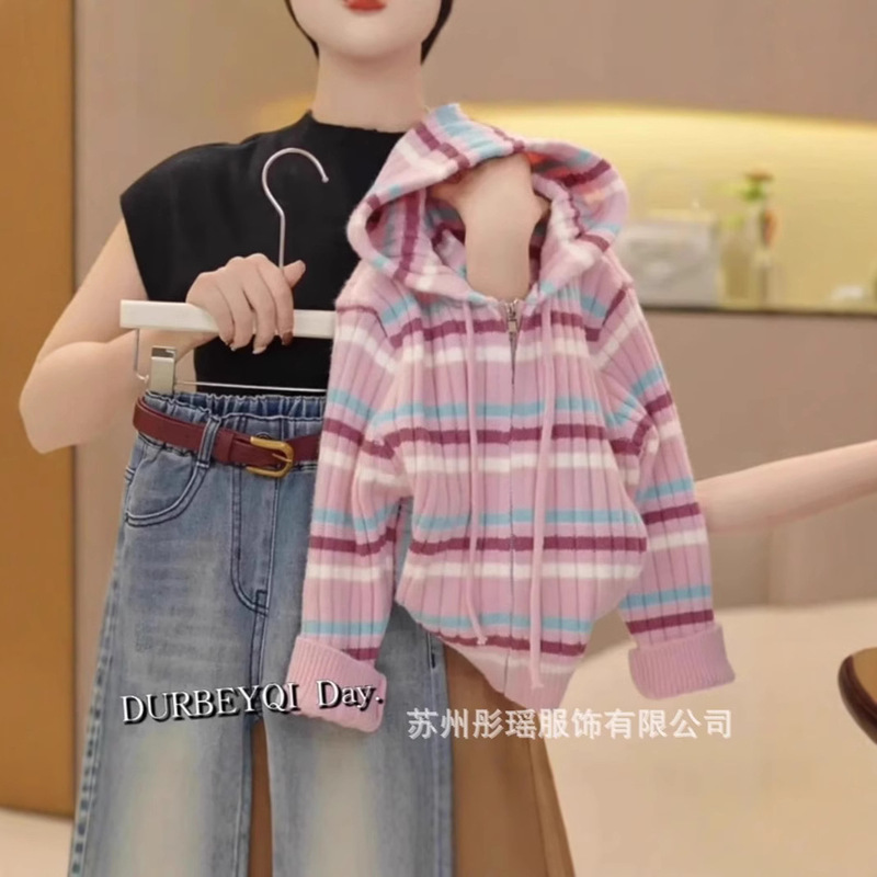 Girls' Hooded Sweater 2026 Spring and Autumn Style Children's Knit Pullover Striped Girls' Top Jacket Korean Version Girls' Hooded Sweater 2026 Spring and Autumn Style Children's Knit Pullover Striped Girls' Top Jacket Korean Version