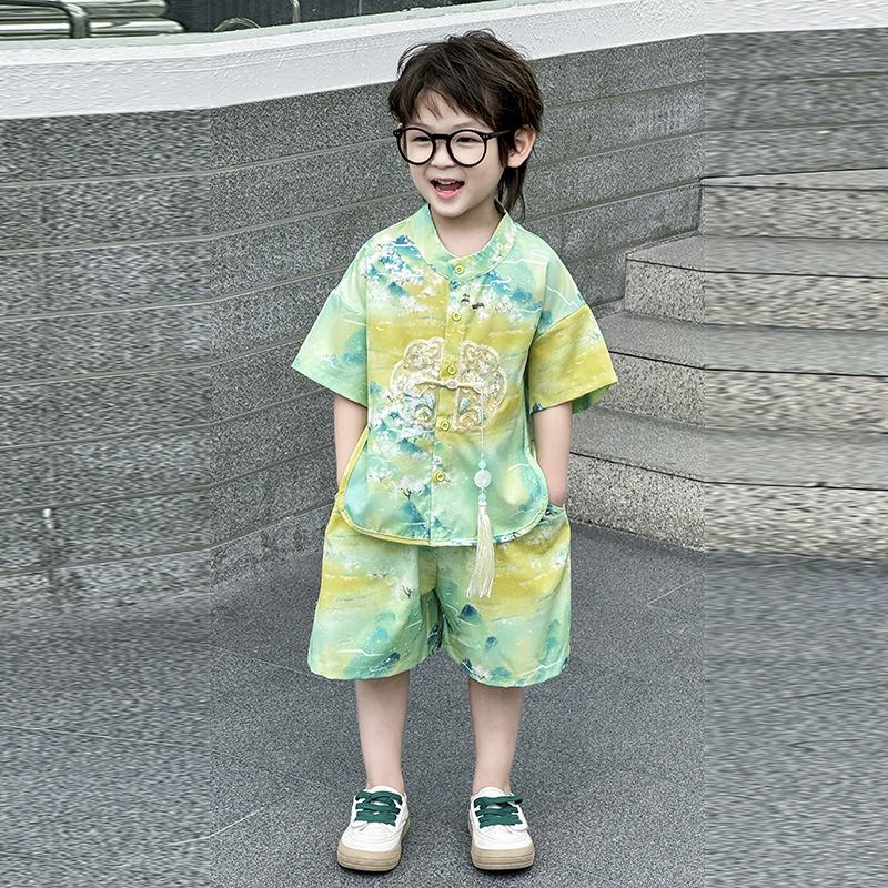 新しい子供の中国風スーツ夏の男の子の唐スーツ漢服半袖9点パンツ古代スタイルの新しい中国風の2点セット|undefined