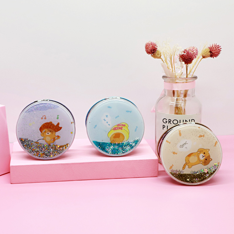 Venta al por mayor bolsillo portátil espejo cosmético portátil redondo plegable lindo doble cara chica corazón lentejuelas arenas movedizas pequeño espejo