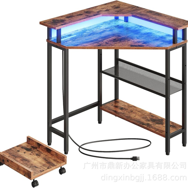 Amazon Hot Sale 90 ° Corner Desk Computer Desk with Charging Station and Led Lights Adjust the Mesh Shelf