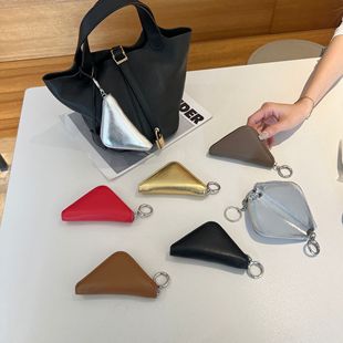 Cowhide Niche Personalized Triangle Key Bag Fashionable Korean Style Short Mini Compact Cosmetics Bag Jewelry Bag Headphone Bag