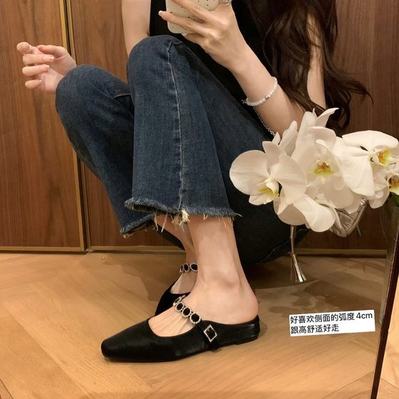 Sheepskin Version ~ French Style Small Square Head One-Piece Diamond Belt Genuine Mill Shoes with Inner Height Thick Bottom Half Slippers Women's Sandals and Slippers